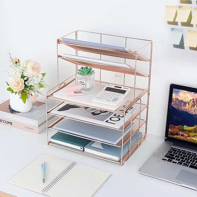 Desk Organizers and Accessories, 6-Tier Letter Tray Paper Organizer, Desktop File Organizer, Office Desk Accessories for Office Supplies (Rose Gold)-DeskLoop Office
