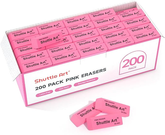 Shuttle Art Pink Erasers, 200 Pack Bulk for School, Office, Latex-Free Soft Erasers for Kids, Teachers as School Supplies-DeskLoop Office