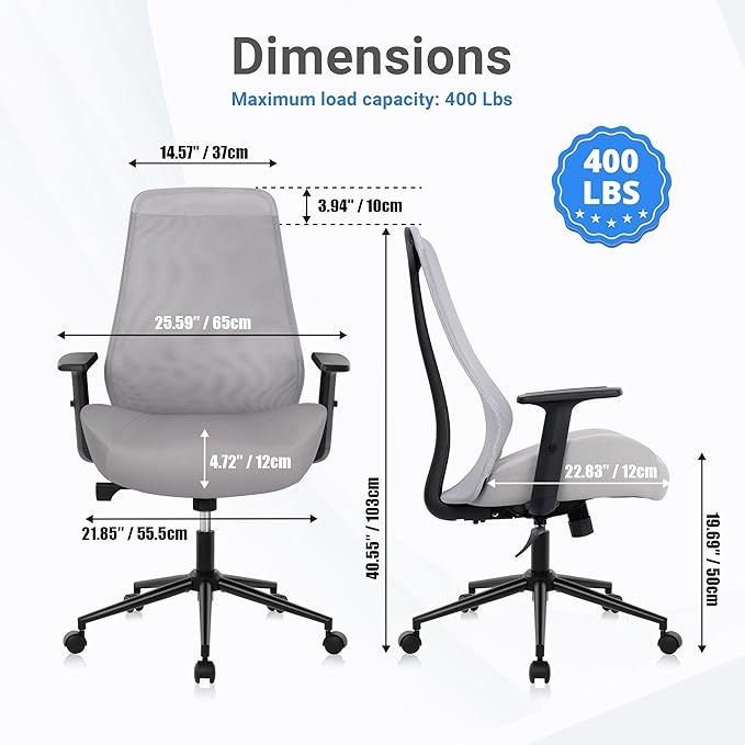 HYLONE Office Chair, 5" Thickened Seat Ergonomic Desk Chair with Adjustable Armrests, Home Office Computer Chairs for Long Hours Mesh Executive Chair(Black Base&Grey)-DeskLoop Office