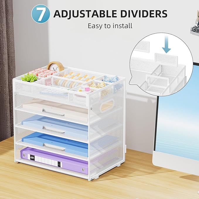 Marbrasse 5-Tier Letter Tray Paper Organizer with Handle, Multi-Functional Mesh File Organizer for Desk, Adjustable Compartments Mesh Desktop Storage for Office Supplies,White-DeskLoop Office