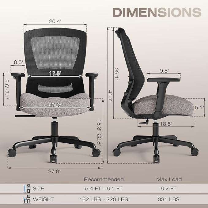 T96C Ergonomic Home Office Chair, Mesh Computer Desk Chair with 4D Armrests, Adjustable Lumbar Support,Tilt Function, Executive Rolling Swivel Task Chair for Long Hours (Stone)-DeskLoop Office