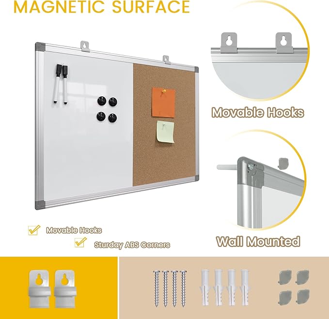 Combination Writeboard 36"x 24" Magnetic Whiteboard & Cork Board Aluminium Frame Dry Erase Board Bulletin Board Wall Mounted Memo Message-DeskLoop Office