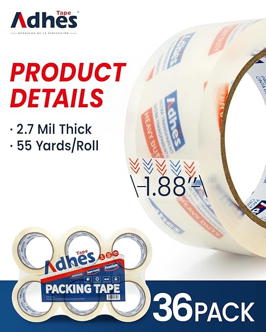 ADHES Super Clear Packing Tape, 36 Rolls x 1.88 Inch x 55 Yards, 2.7 mil Heavy Duty Shipping Tape Strong & Durable Package Tape for Shipping, Moving, Mailing and Sealing-DeskLoop Office