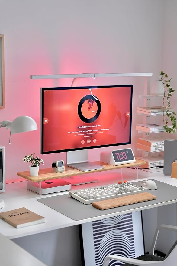 Bamboo Monitor Stand Riser with RGB Lights,31.5 Inches Desktop Shelf with Acrylic Legs Supports for Desk, PC Computer Monitor, Laptops, Printer, Speakers (Natural)-DeskLoop Office