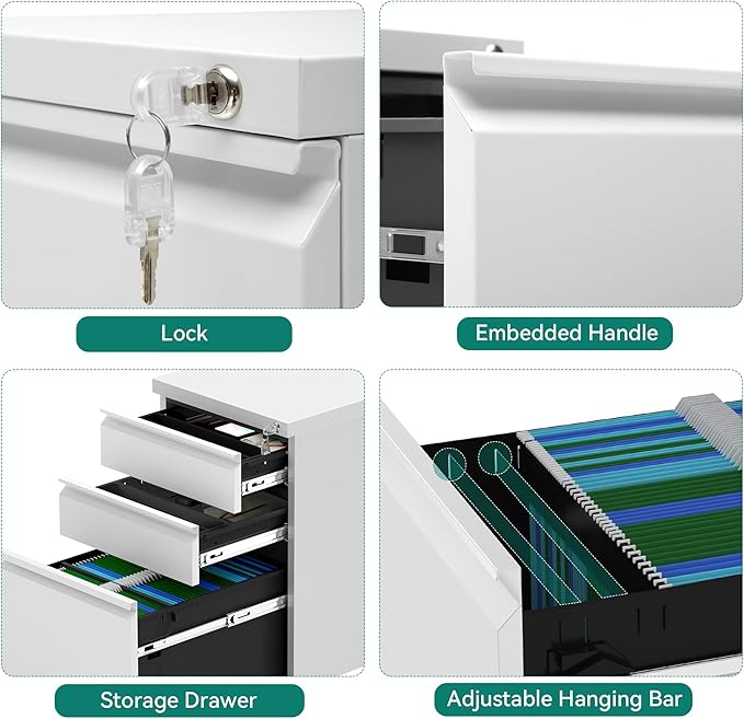 YITAHOME 3-Drawer Vertical File Cabinet, Mobile Metal Filing Cabinet with Lock for Legal/Letter Size, Pre-Built Office Storage File Cabinet Except Wheels Under Dese, White-DeskLoop Office