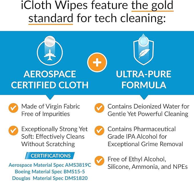 iCloth Large Screen Cleaning Wipes for Electronics, Lint-Free and Streak-Free, Fast-Drying, Removes Dust, Fingerprints, and Smudges (100 Wipes)-DeskLoop Office