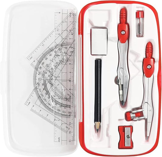 Math Geometry Kit Sets 10 Piece Student Supplies with Shatterproof Storage Box,Includes Rulers,Protractor,Compass,Eraser,Pencil Sharpener,Lead Refills,Pencil,for Drafting and Drawings(Red)-DeskLoop Office