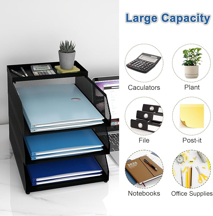 Natwind 3-Tier Stackable Paper Tray, Metal Mesh Desktop Organizer, Paper Sorter, Letter Trays,File Document Storage Rack for for Home, Office, School (Black)-DeskLoop Office
