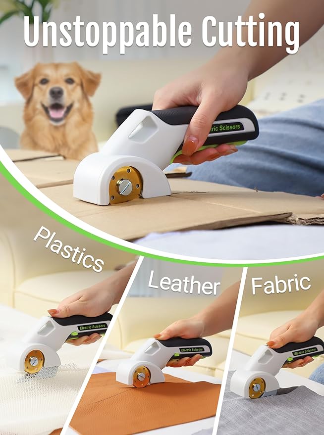 2025 NEW 4V Cordless Electric Scissors, Cardboard Cutter with 2 Titanium Blade, Safety Lock & Extra Blade, Rotary Cutter for Cardboard,Fabric,Plastic, Gifts for Men&Women - Pearl White-DeskLoop Office