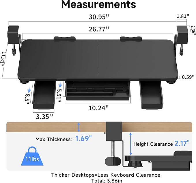 Keyboard Tray Under Desk with Storage Drawer Large C-Clamp 26.7”(31” Including Clamps) x 11.8” Slide-Out Platform Computer Drawer Pull Out Keyboard & Mouse Tray DSF7CT-DeskLoop Office