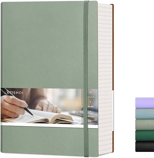 EMSHOI A4 College Ruled Notebook Journal- 400 Pages (200 sheets), 7mm Spacing & Vegan Leather Cover for Work, School, Bible Study, Bullet Journaling- with Sticky Notes, Pocket & Pen Holder - Green-DeskLoop Office