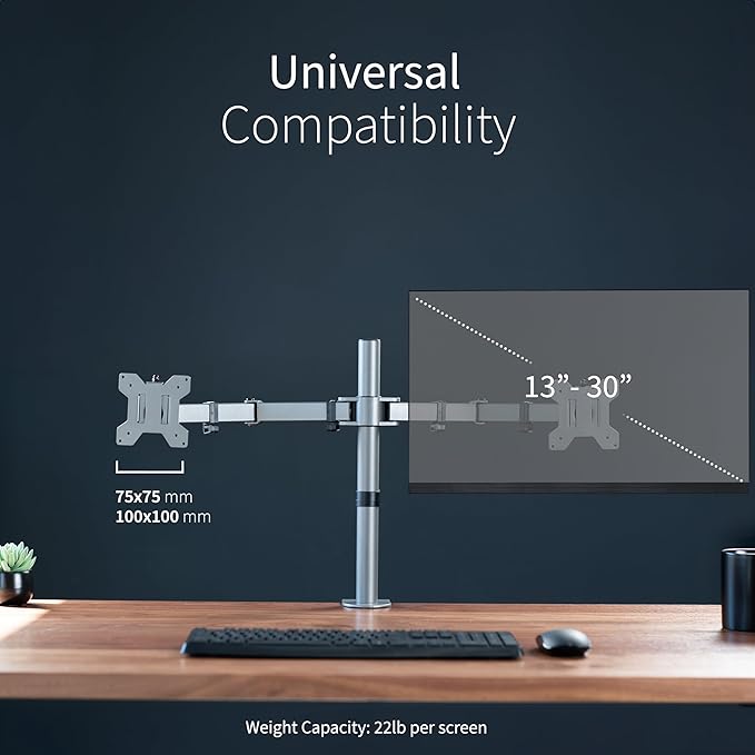VIVO Dual Monitor Desk Mount, Heavy Duty Fully Adjustable Steel Stand, Holds 2 Computer Screens up to 30 inches and Max 22lbs Each, Gray Color, STAND-V002-GY-DeskLoop Office
