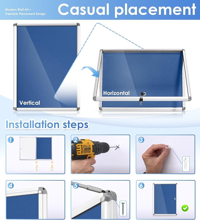 SWANCROWN Lockable Notice Board Tamperproof Enclosed Display Board for Home Office School,Wall-Mounted,Blue Fabric,26x20inch(4xA4)-DeskLoop Office