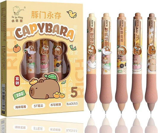 Cute Gel Pens 5Pcs Retractable Quick Dry Ink Pens 0.5mm Fine Point Black Ink Kawaii Smooth Writing Pens for School Office Supplies Aesthetic pretty pens (Cute Capybara)-DeskLoop Office