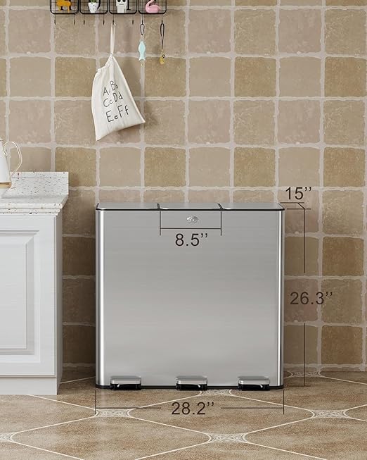 90L/23.8Gal Gallon Three-Compartment Pedal Stainless Steel Kitchen Recycling Trash Can with Odor Seal, Hands-Free Foot Operated Waste Bin for Home, Office, Restaurant, School, Hospital-DeskLoop Office