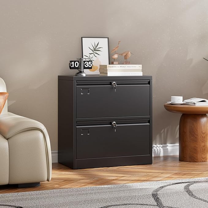 2 Drawer Lateral File Cabinet, Metal Wide Filing Cabinet with Independent Locks, Home Office Furniture for Hanging Files Letter/Legal/F4/A4 Size, Assembly Required, Black-DeskLoop Office