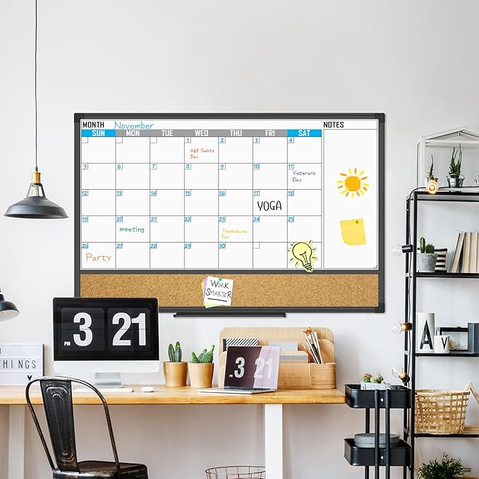 XBoard Dry Erase Calendar Whiteboard 36 X 24 - Combo White Board Calendar Monthly, Magnetic White Board + Corkboard with Black Aluminum Frame, 10 Colorful Push Pins & Marker Tray Included-DeskLoop Office
