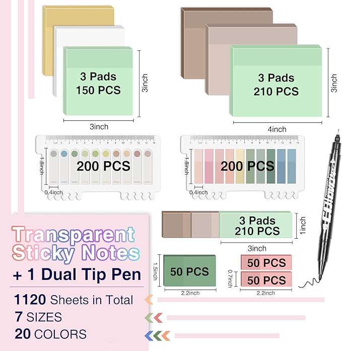 Transparent Sticky Notes,1120 Sheets Clear Sticky Notes with Pen, Waterproof Annotation Kit, Self-Adhesive Translucent Writable Index Tabs for Annotation Books, Bible Journaling Study Office School-DeskLoop Office