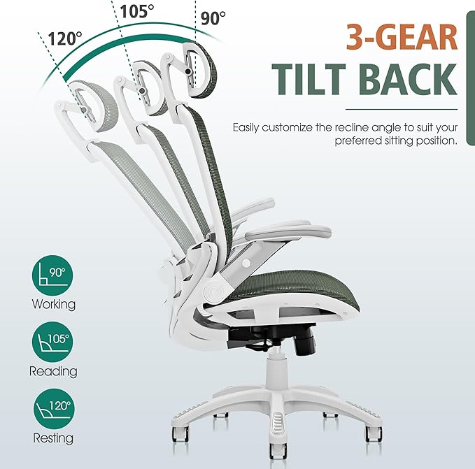 GABRYLLY Ergonomic Office Chair, High Back Home Desk Chair with Headrest, Flip-Up Arms, 90-120° Tilt Lock and Wide Cushion, 400LBS Mesh Chairs for Man Woman, White Task Chair(Olive Green,GY01WOG)-DeskLoop Office