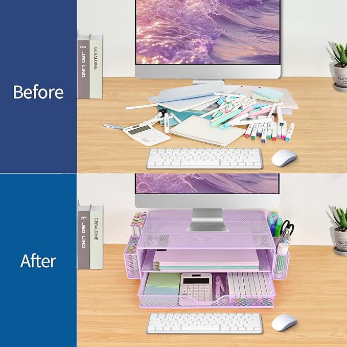AUPSEN Computer Monitor Stands Riser,2-Tier Desk Organizers and Accessories, Office Desk Accessories Organizer with Drawers and 2 Pen Holder for Office Supplies (Purple)-DeskLoop Office