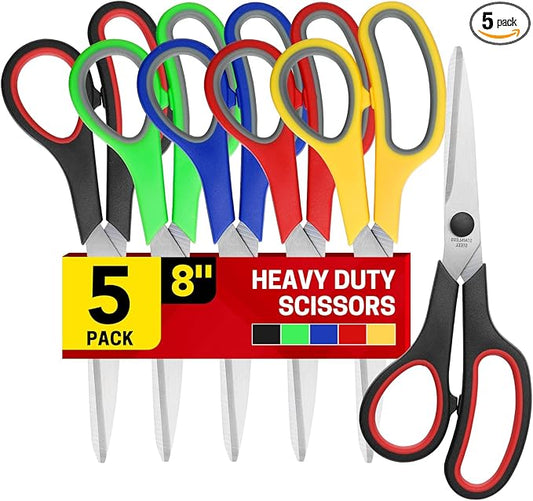 5-Pack, 8" Scissors All Purpose Comfort-Grip Handles Sharp Scissors for Office Home School Craft Sewing Fabric Supplies, High/Middle School Student Teacher Scissor, Right/Left Handed-DeskLoop Office