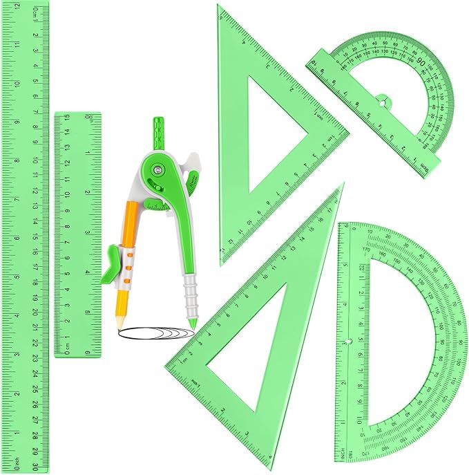 Zonon 1 Set Plastic Geometry Math Set 7 Pcs Includes 6'' / 4 '' Protractor, Drawing Compass, 45/60 Degree Triangle Rulers, 12'' / 6'' Math Ruler Transparent for Office Supplies(Green)-DeskLoop Office