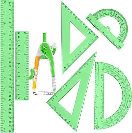 Zonon 1 Set Plastic Geometry Math Set 7 Pcs Includes 6'' / 4 '' Protractor, Drawing Compass, 45/60 Degree Triangle Rulers, 12'' / 6'' Math Ruler Transparent for Office Supplies(Green)-DeskLoop Office