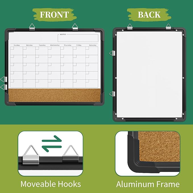 Dry Erase Calendar White Board for Wall, Polegas 17" X 13" Magnetic Whiteboard Dry Erase Cork Board Combination, Small Wall Monthly Double Sided Boards Student, Home, Office (Black)-DeskLoop Office