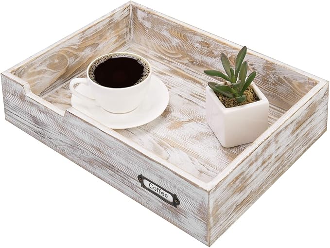 MyGift Rustic White Desktop Letter Tray - Shabby Whitewashed Wood Inbox Holder, Desk Paper File Folder Organizer Box with Metal Label-DeskLoop Office