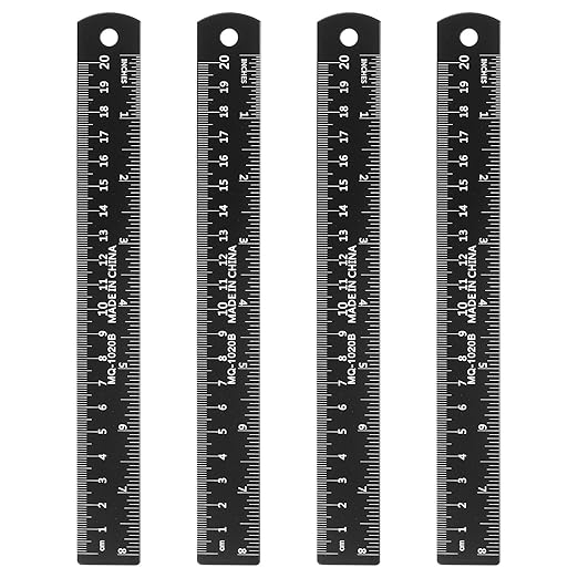 HARFINGTON 4pcs Metal Straight Ruler 20cm Metric SAE Aluminum Alloy Measuring Rulers Scale Tool with Hole for Measure Study Reading Classroom Office, Black-DeskLoop Office