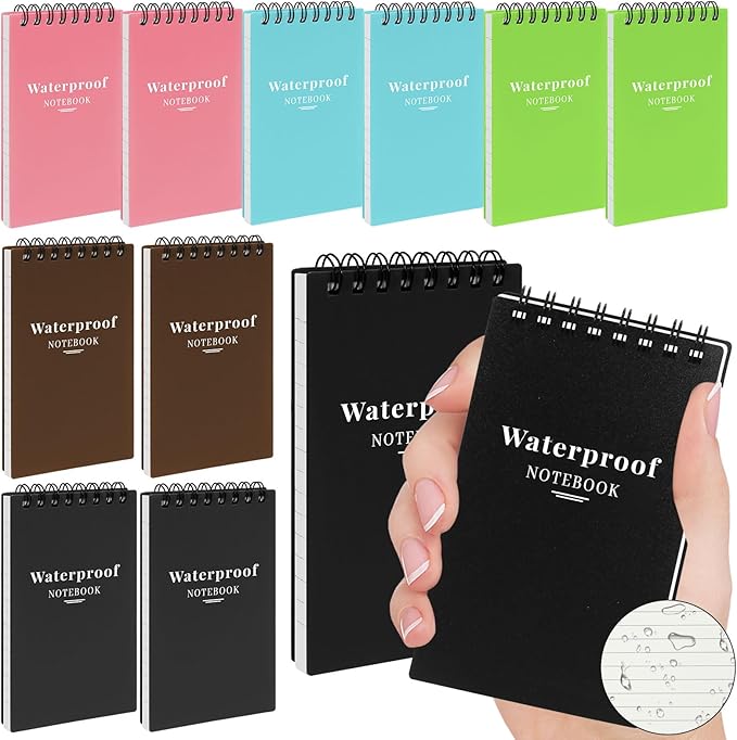12 Pack Waterproof Pocket Notebooks, 3x5 Small Notepads, Mini Top Spiral Notebook, Lined College Ruled Paper, Tiny Memo Pads for Home, Office, Work, School, or Travel-DeskLoop Office
