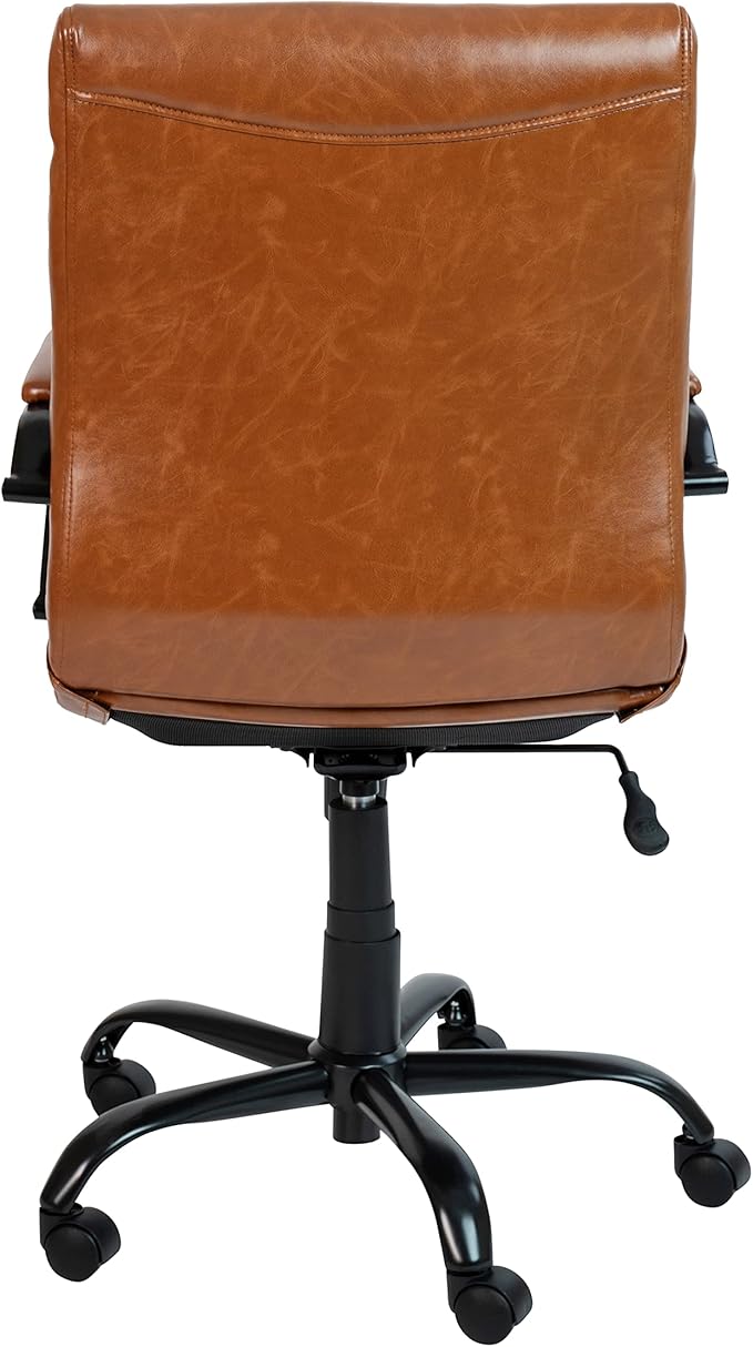 Flash Furniture Whitney Mid-Back Swivel Leather Desk Chair with Padded Seat and Armrests, Adjustable Height Padded Leather Office Chair, Brown/Black