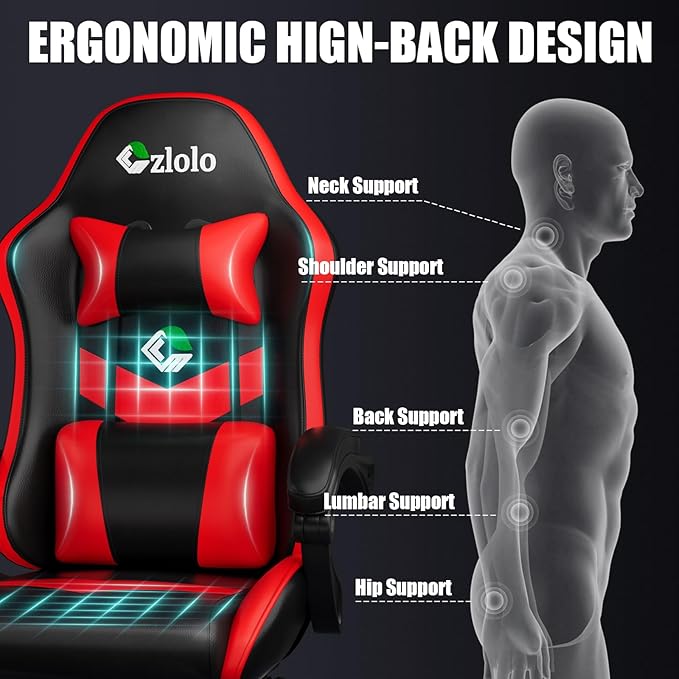 Gaming Chair, Ergonomic Office Computer Chair with Footrest and Lumbar Support Massager Racing Style High Back Video Gamer Chair, Wide&Thick Cushion, 90°-135° Recline, Adjustable Height, Red-DeskLoop Office