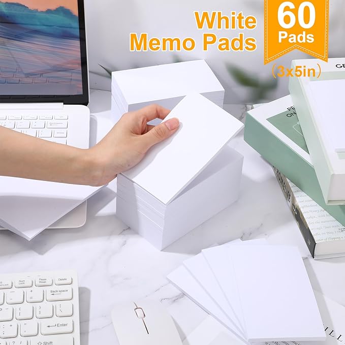 Fainne 3 x 5 Inch Paper Note Pads White Memo Pad Blank Writing Memo Scratch Paper for Waitress Waiter Book to Do Grocery List Small Notebook Restaurant Checkbook, White(60 Pack)-DeskLoop Office
