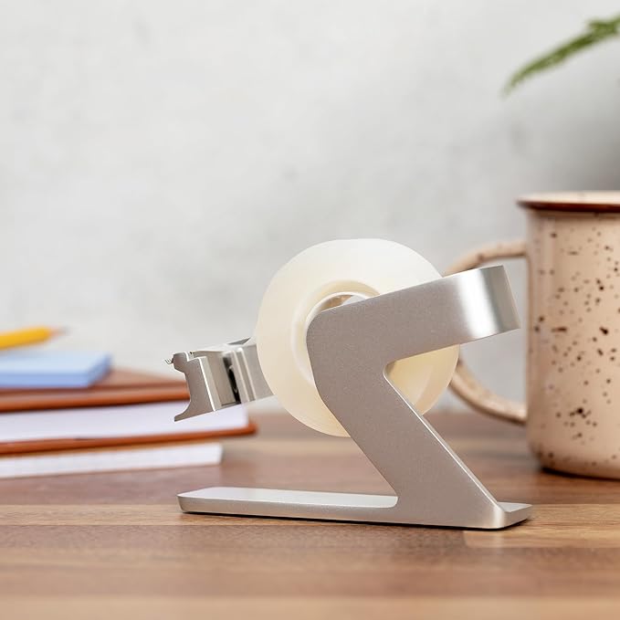 ELYPRO Modern Tape Dispenser for Office Desk - Elegant and Minimalist Design, Heavy Metal Made, Space-Saving, Perfect for Office & Home Use or as a Stylish Gift - Bonus Tape Roll Included (Silver)-DeskLoop Office