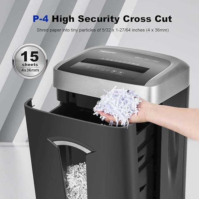 120-Minute Paper Shredder - 15-Sheet Capacity, 30L(7.9 Gallon) Bin, 58dB Quiet Operation, P4 Cross-Cut Heavy-Duty Shredder for Home & Office Use