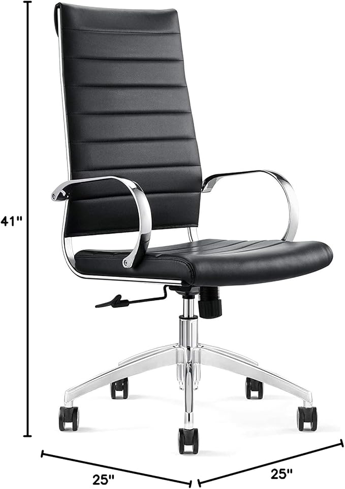 Ribbed High Back Conference Room Chairs- Lumbar Support, Modern Style Executive Chair for Home and Office - 360 Swivel Rolling Wheels - Aluminum Chrome Frame & Base - Black (Pack of 4)-DeskLoop Office