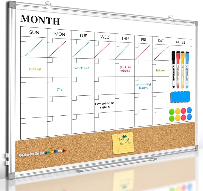 Dry Erase Calendar Whiteboard for Wall, 24"x18" Magnetic Monthly White Board Cork Board Combo, Double Sided, Aluminum Frame, Wall Hanging Wipe Board for Home, Office, School, Dorm-DeskLoop Office