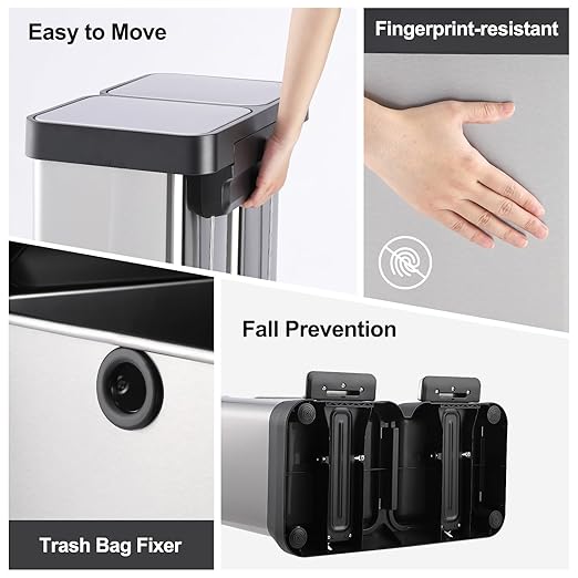 16 Gallon Dual Compartment Trash Can, 2 x 30L Fingerprint Resistant Stainless Steel Kitchen Garbage Can with 2 Soft-Close Lid & Foot Pedal for Kitchen Office Bathroom, Without Inner Bucket-DeskLoop Office