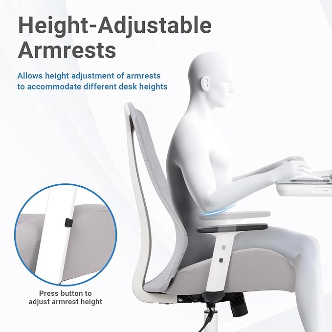 HYLONE Office Chair, 5" Thickened Seat Ergonomic Desk Chair with Adjustable Armrests, Home Office Computer Chairs for Long Hours Mesh Executive Chair(White Base&Grey)-DeskLoop Office