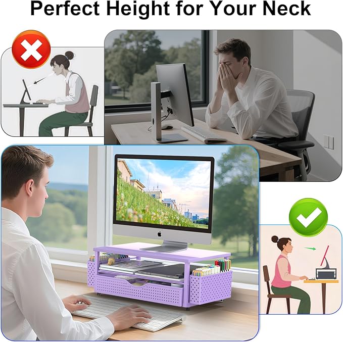 Desk Organizer and Accessories, Computer Monitor Stand Riser with Drawer and 2 Pen Holders, Office Desk Accessories & Workspace Organizers for Office Supplies (Purple)-DeskLoop Office