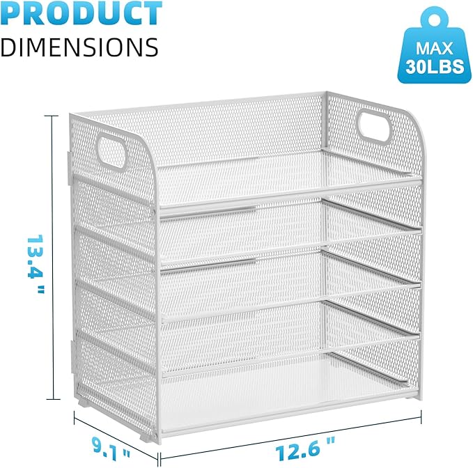 Marbrasse Paper Organizer Letter Tray, 5 Tier Mesh File Organizer with Handle, Paper Sorter Desk Organizer for Home Office Supplies - White-DeskLoop Office