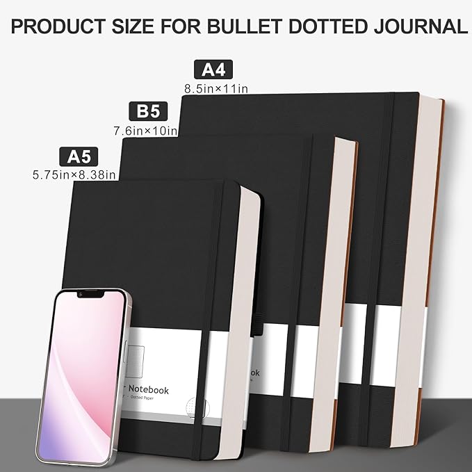 AHGXG Bullet Dotted Journal - Large A4 Notebook Dotted, 8.5''×11'', 320 Pages Dot Grid Notebook, 100gsm Thick Paper, Leather Softcover, with Journal Stencils, Inner Pocket - Black-DeskLoop Office