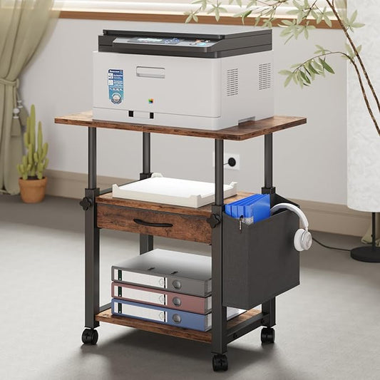 Large Printer Stand with Storage Drawer and Side Bag, 3-Tier Height Adjustable Table for Home Office, Fits Heat Press/Laser/3D Printer (Rustic Brown)-DeskLoop Office