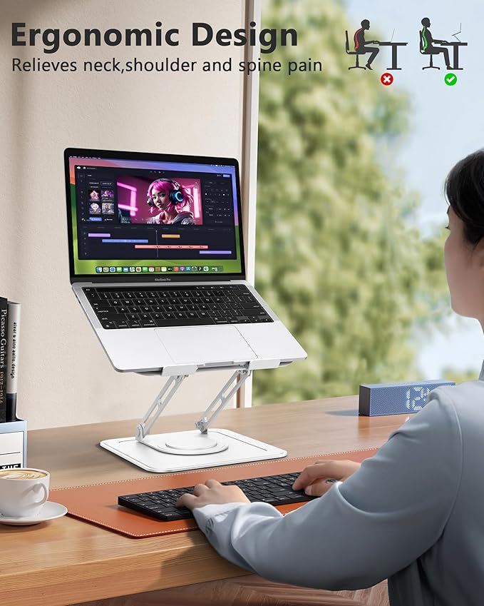 Laptop Stand for Desk, Adjustable Computer Stand with 360 Rotating Base, Ergonomic Laptop Riser Foldable Laptop Mount Protable Computer Stand for Laptop Fits with MacBook Pro Air 10-16", White