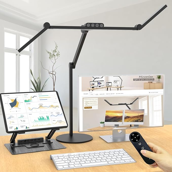 Micomlan Architect Desk Lamp with Remote Control, Adjustable Led Desk Light for Home Office with Base, 24W Bright Auto Dimming Table Light Rotatable Office Lamp with Swing Arm for Computer Cafting-DeskLoop Office