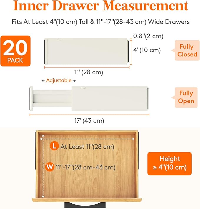 Lifewit 20 Pack Drawer Dividers 4" High, 11-17" Adjustable Dresser Drawer Organizers for Clothes, Expandable Dresser Separators in Bedroom/Bathroom/Kitchen/Vanity/Office Organization and Storage,Beige-DeskLoop Office