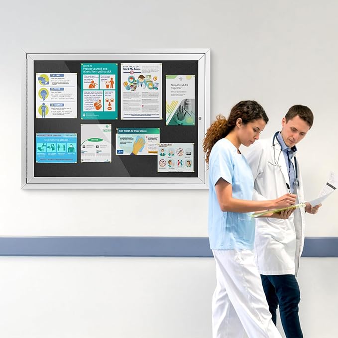 SWANCROWN Enclosed Bulletin Board Weatherproof 37x28in, Outdoor Lockable Bulletin Board Wall Display Case for Office School Commerce, Black Felt, Sliver Aluminum Frame (8xA4)-DeskLoop Office