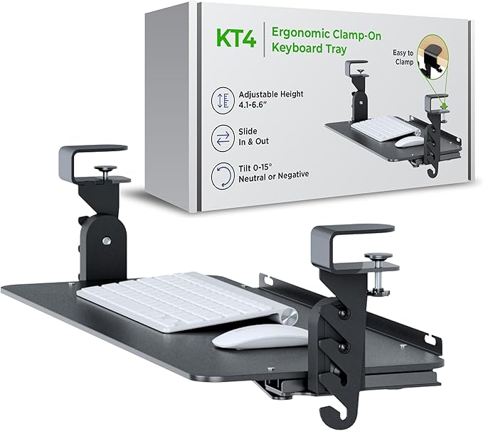 Kt4 Clamp on Keyboard Tray, Adjustable Slide Out Drawer for Desk, Height Tilt Adjustable Keyboard Holder, Under Desk Pull Out Tray (Black)-DeskLoop Office