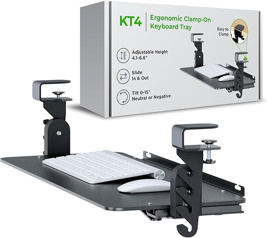 Kt4 Clamp on Keyboard Tray, Adjustable Slide Out Drawer for Desk, Height Tilt Adjustable Keyboard Holder, Under Desk Pull Out Tray (Black)-DeskLoop Office
